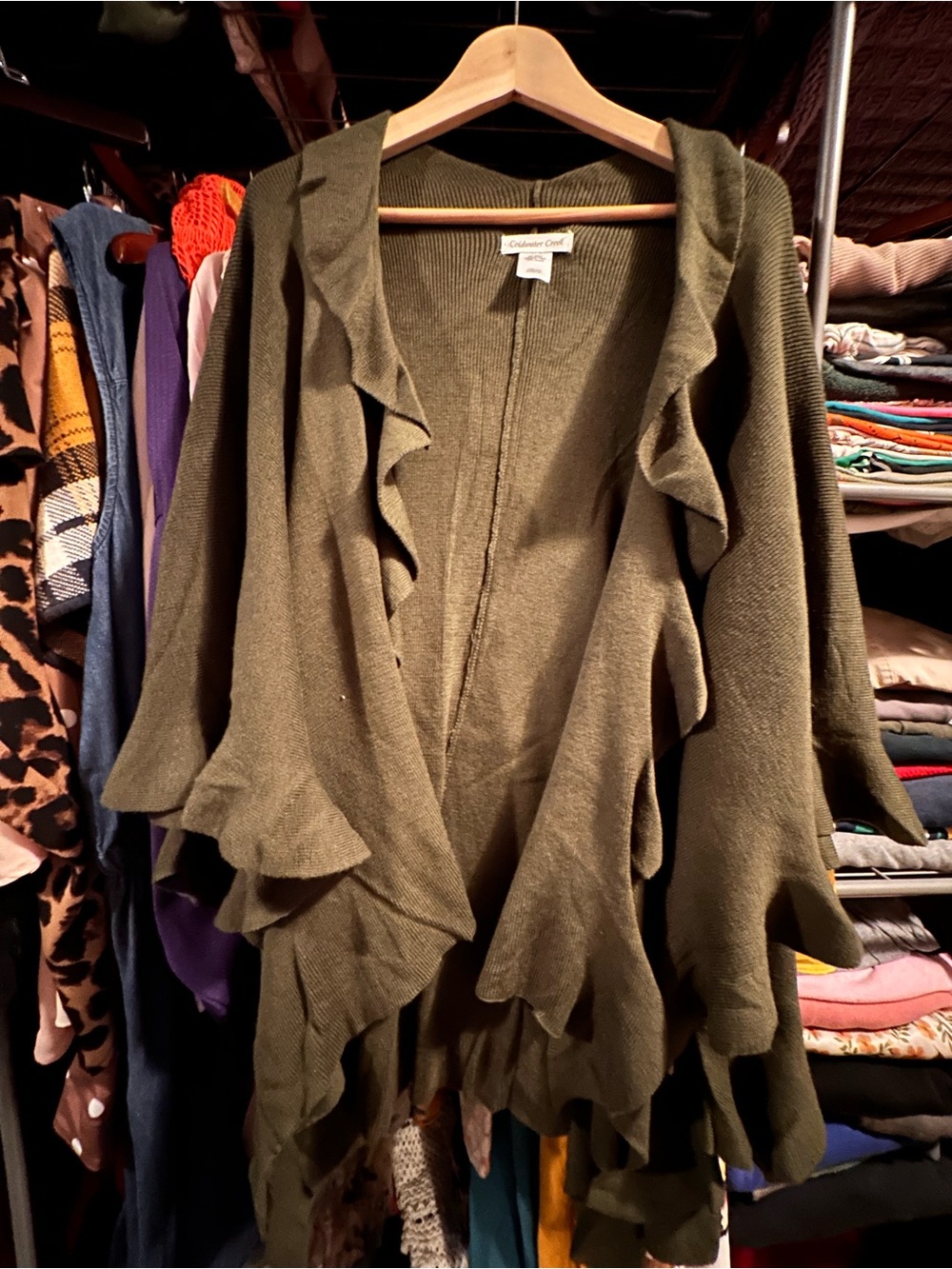 Coldwater Creek Olive Green Ruffle-Trim Open Cardigan
